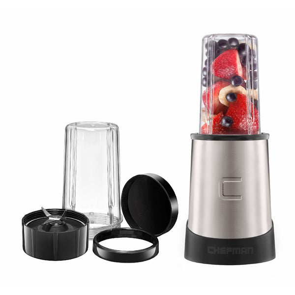 Chefman Ultimate Personal Smoothie Blender, Single Serve, Stainless Steel Blending Blade, 2 Travel Cups with Lids, Solid Storage Cover and Comfort Drinking Rim, 6 Piece - RJ28-6-SS-Black