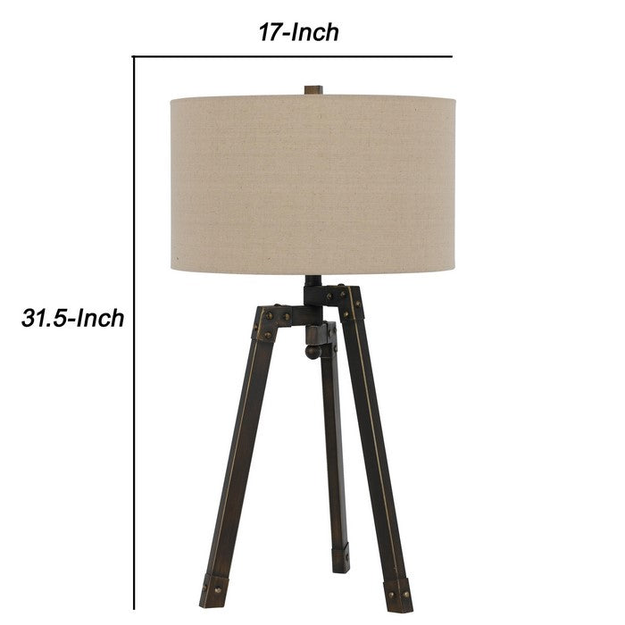 Metal Tripod Base Table Lamp with Fabric Drum Shade, Bronze and Beige