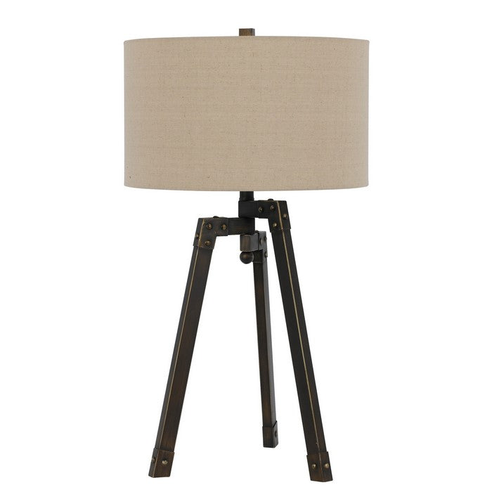 Metal Tripod Base Table Lamp with Fabric Drum Shade, Bronze and Beige