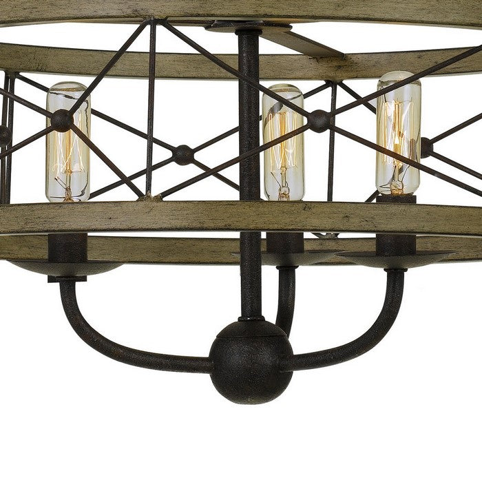 3 Bulb Hanging Pendant Fixture with Wooden and Metal Frame, Brown and Black