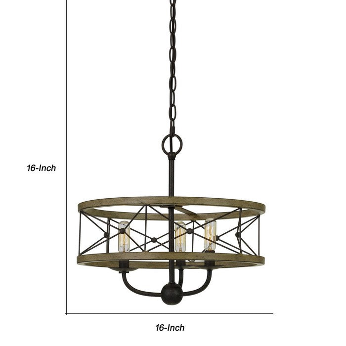3 Bulb Hanging Pendant Fixture with Wooden and Metal Frame, Brown and Black