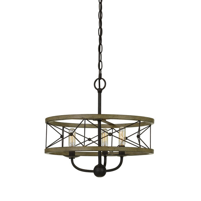 3 Bulb Hanging Pendant Fixture with Wooden and Metal Frame, Brown and Black
