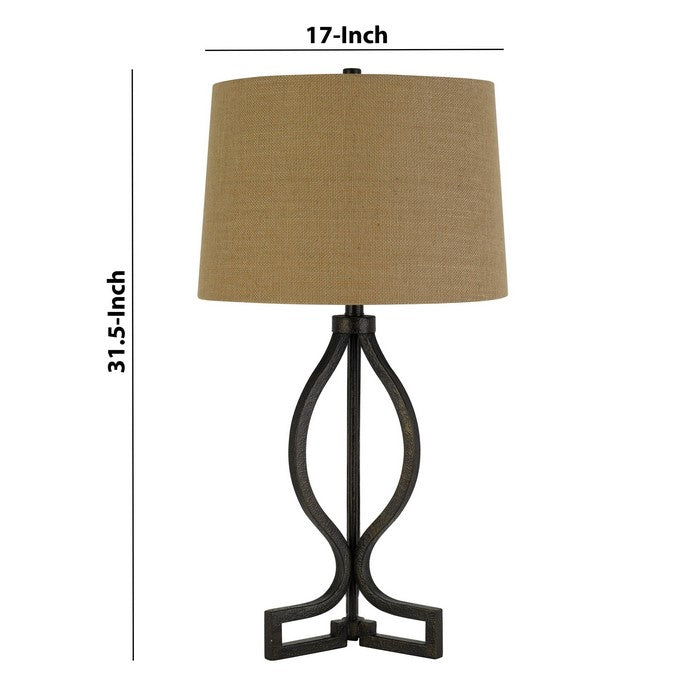 150 Watt Fabric Shade Table Lamp with Scrolled Metal Base, Beige and Bronze