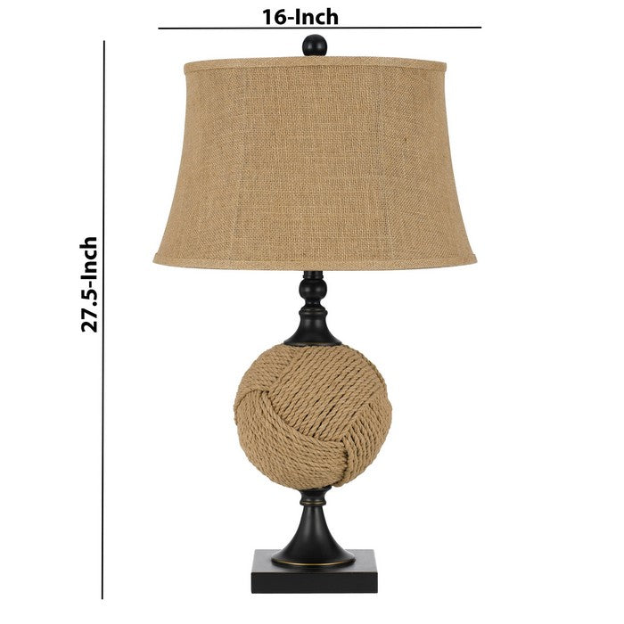 150 W Empire Shade Resin Table Lamp with Rope Ball Body, Beige and Bronze