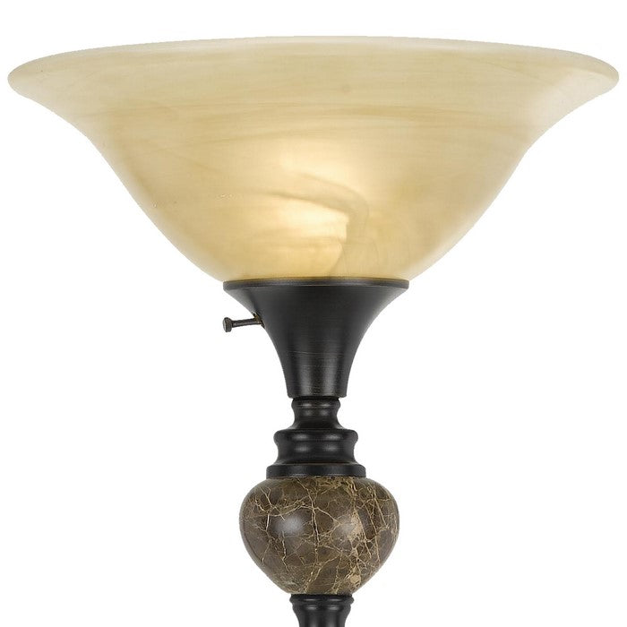 150 Watt Metal Torchiere with Glass Shade and Marble Accent, Beige and Bronze