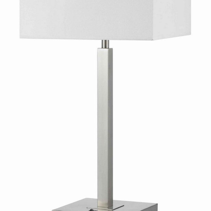 Rectangular Metal Table Lamp with Tubular Base and 2 Power Outlet, White