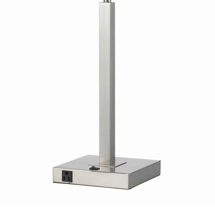 Rectangular Metal Table Lamp with Tubular Base and 2 Power Outlet, White