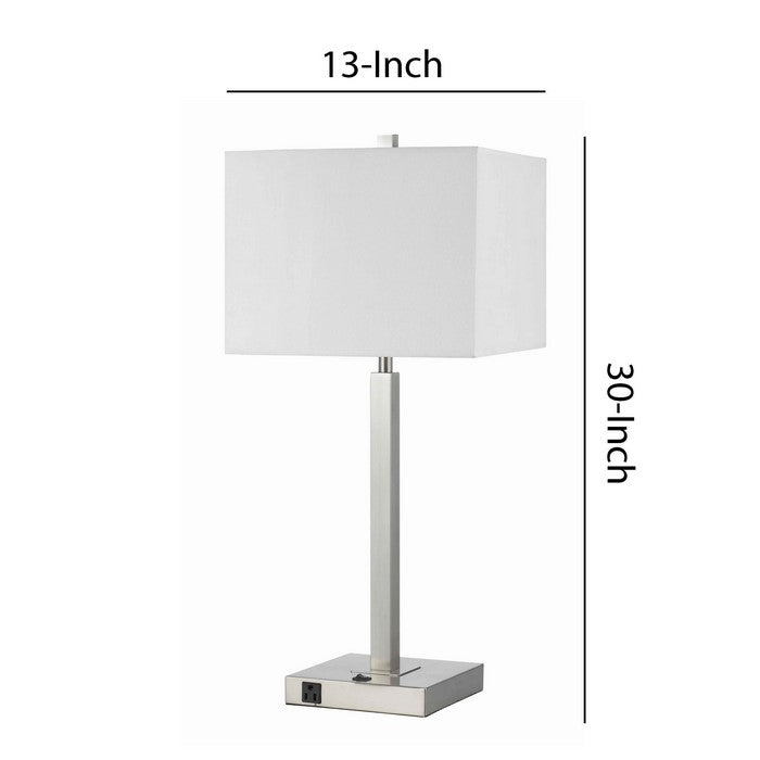 Rectangular Metal Table Lamp with Tubular Base and 2 Power Outlet, White