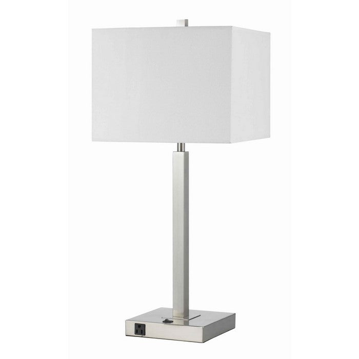Rectangular Metal Table Lamp with Tubular Base and 2 Power Outlet, White