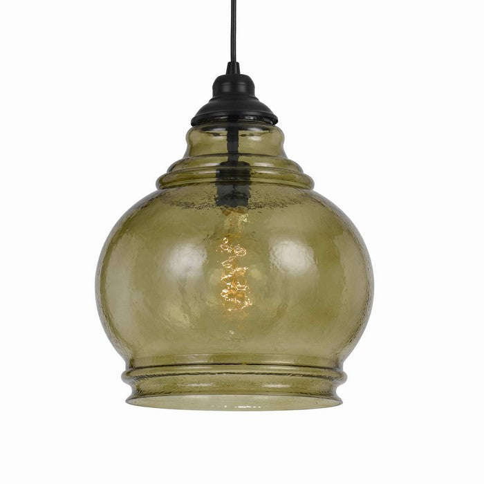 60 Watt Metal Frame Pendant with Rippled Glass Shade, Beige and Black