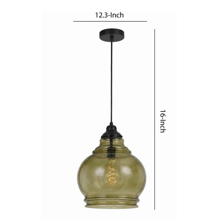 60 Watt Metal Frame Pendant with Rippled Glass Shade, Beige and Black
