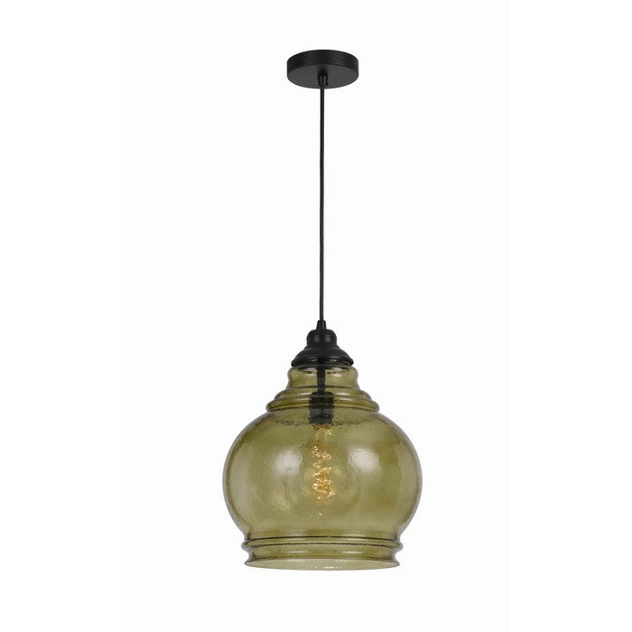 60 Watt Metal Frame Pendant with Rippled Glass Shade, Beige and Black