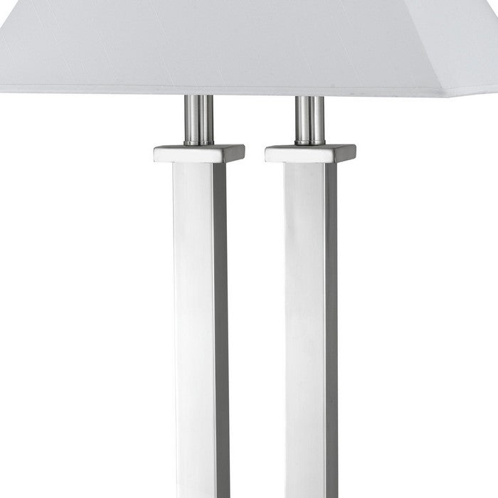 60W x 2 Desk Lamp with Trapezoid Shade and Power Strip, Silver and White