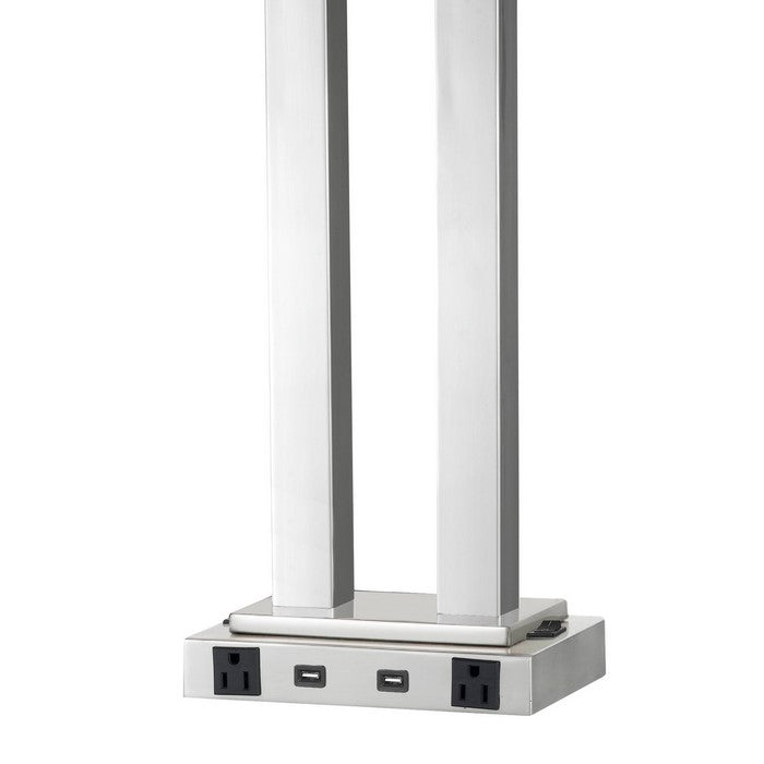 60W x 2 Desk Lamp with Trapezoid Shade and Power Strip, Silver and White