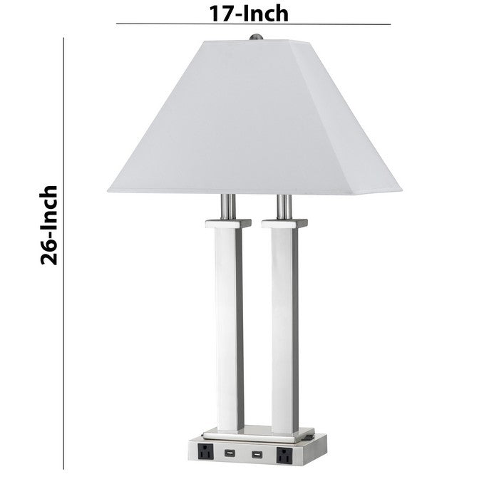 60W x 2 Desk Lamp with Trapezoid Shade and Power Strip, Silver and White