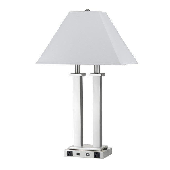 60W x 2 Desk Lamp with Trapezoid Shade and Power Strip, Silver and White