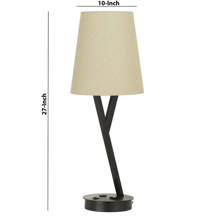 60 Watt Metal Desk Lamp with Tapered Fabric Shade, Beige and Dark Bronze