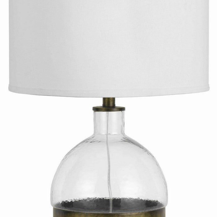 3 Way Table Lamp with Glass Round Base and Antique Brass Accent, White