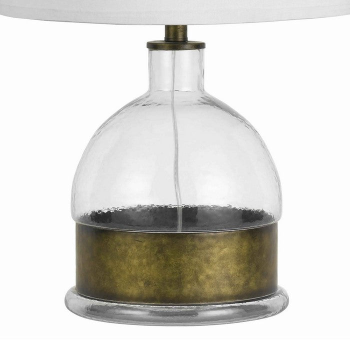3 Way Table Lamp with Glass Round Base and Antique Brass Accent, White
