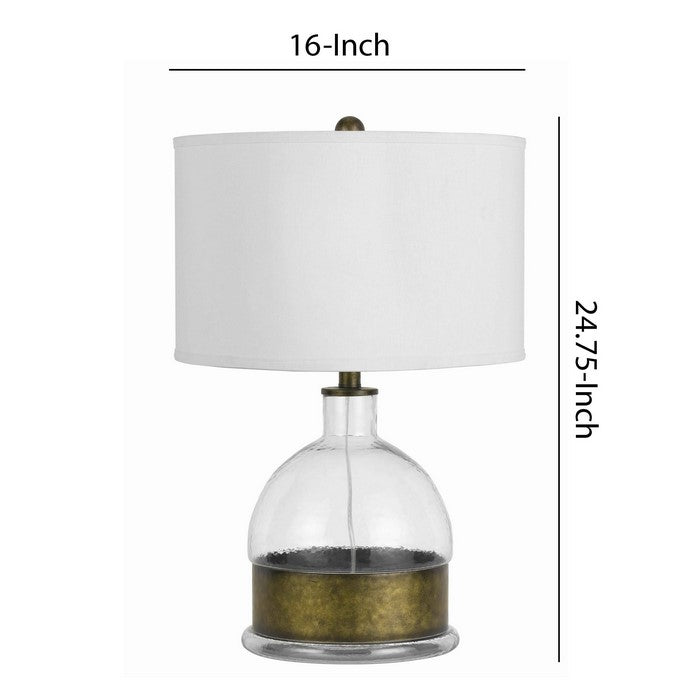 3 Way Table Lamp with Glass Round Base and Antique Brass Accent, White