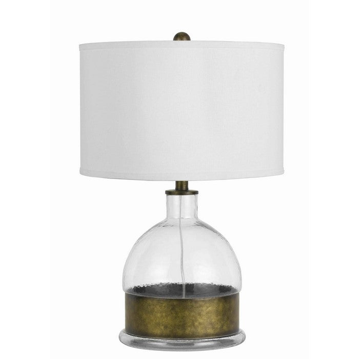 3 Way Table Lamp with Glass Round Base and Antique Brass Accent, White
