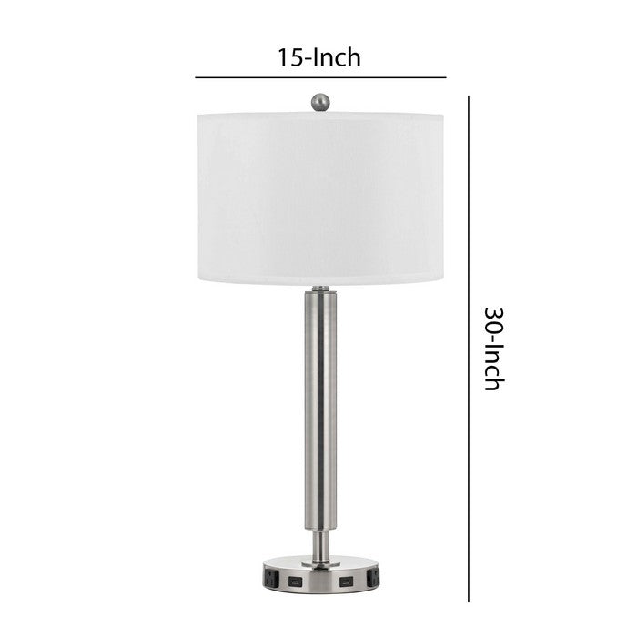 100 Watt Metal Frame Night Stand Lamp with Fabric Shade, White and Silver
