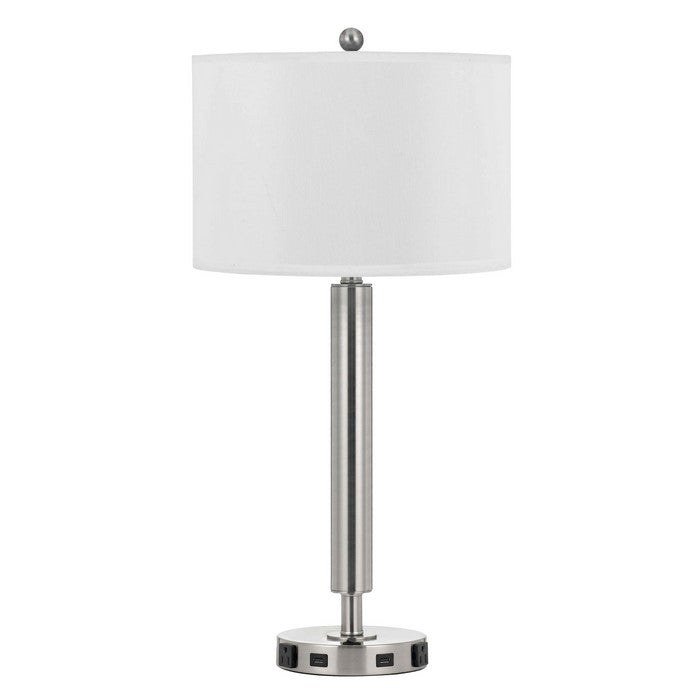 100 Watt Metal Frame Night Stand Lamp with Fabric Shade, White and Silver