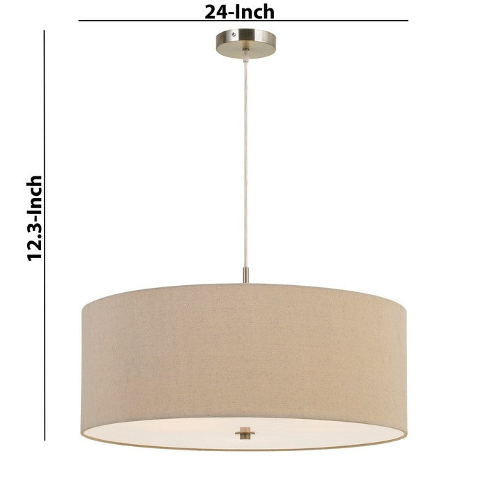 60W x 3 Drum Shade Pendant Fixture, Beige and Silver