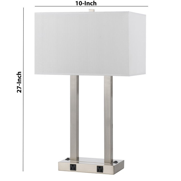 60W x 2 Desk Lamp with Rectangular Shade and Power Strip, Silver and White