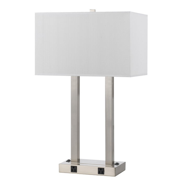 60W x 2 Desk Lamp with Rectangular Shade and Power Strip, Silver and White