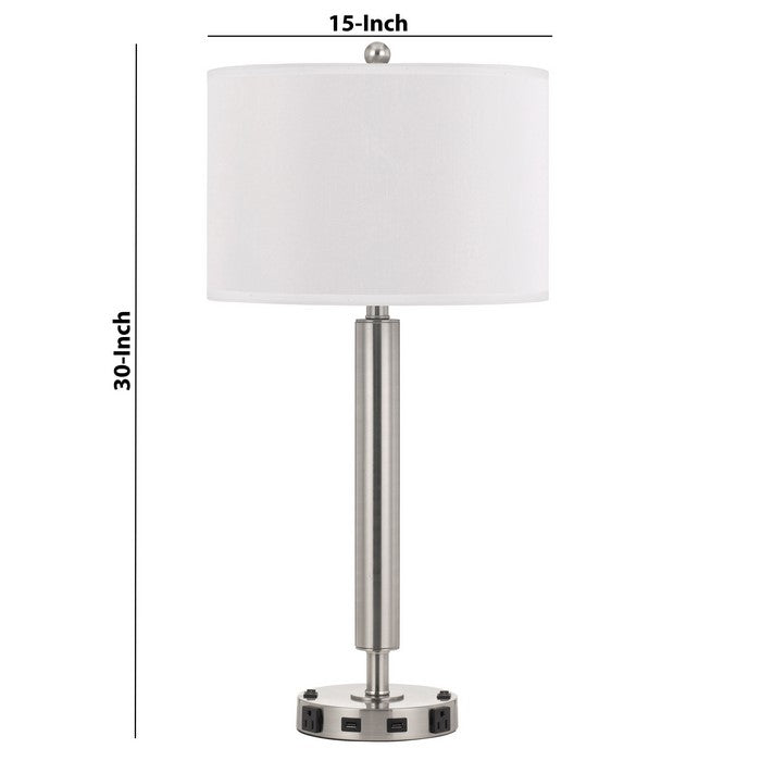 60 X 2 Watt Metal Frame Night Stand Lamp with Fabric Shade, White and Silver