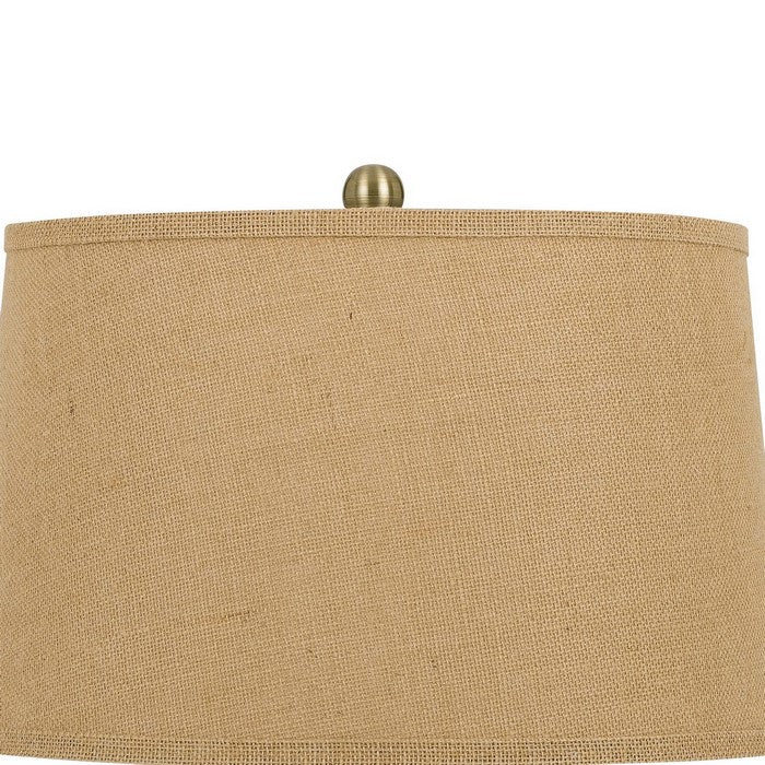 Glass Body Table Lamp with Tapered Burlap Shade, Gray and Beige