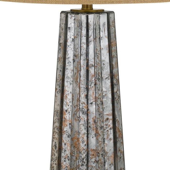 Glass Body Table Lamp with Tapered Burlap Shade, Gray and Beige