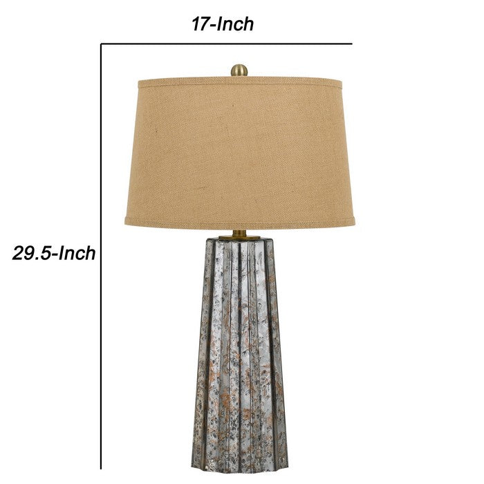 Glass Body Table Lamp with Tapered Burlap Shade, Gray and Beige