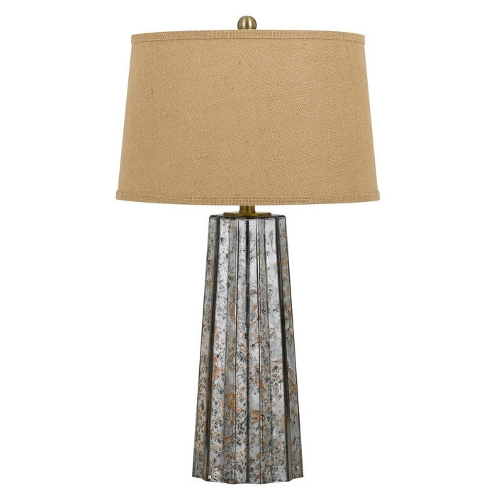 Glass Body Table Lamp with Tapered Burlap Shade, Gray and Beige