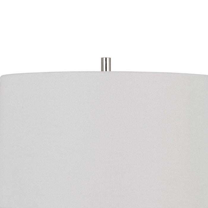Metal Body Floor Lamp with Ring Design and Fabric Shade, Silver and White