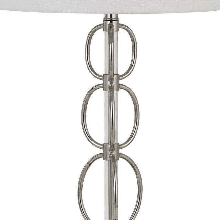 Metal Body Floor Lamp with Ring Design and Fabric Shade, Silver and White