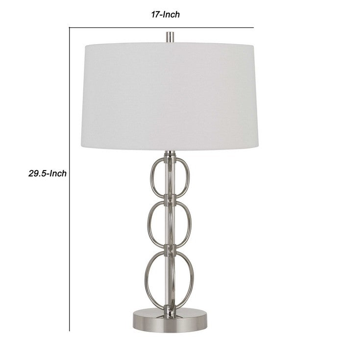 Metal Body Floor Lamp with Ring Design and Fabric Shade, Silver and White