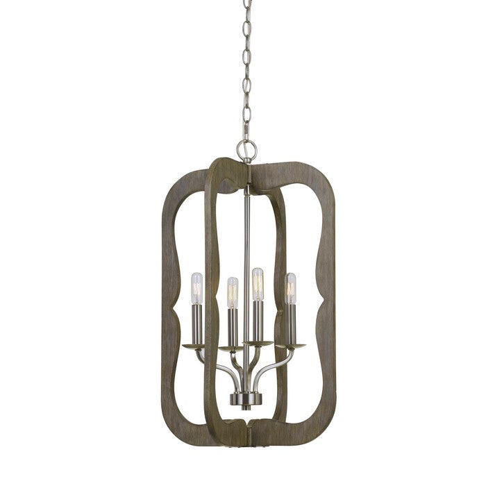 Wooden Cut Out Design Frame Pendant Fixture with Chain, Distressed Brown