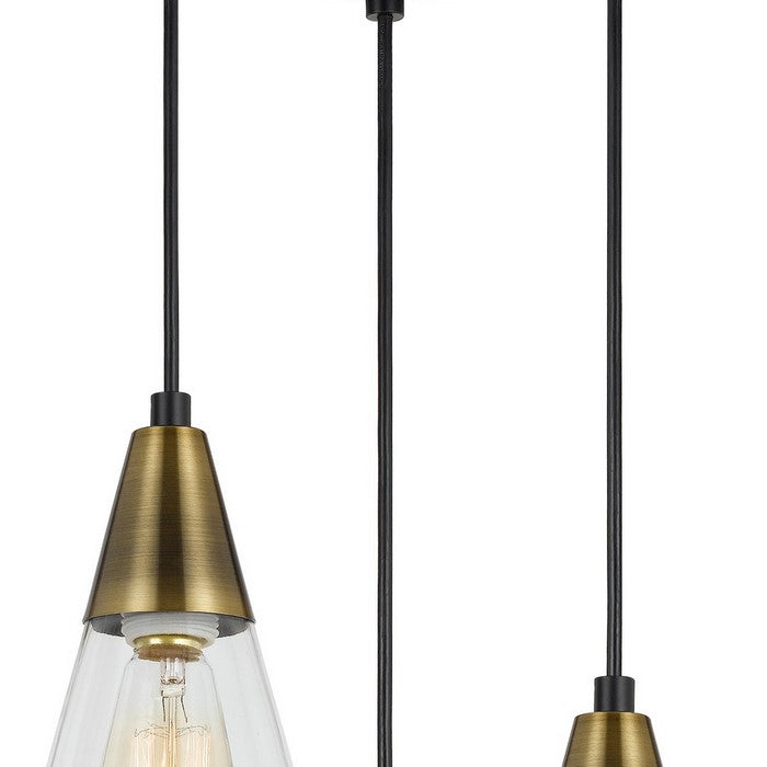 3 Conical Shaped Glass Pendant Lighting with Canopy and Brass Accent, Clear