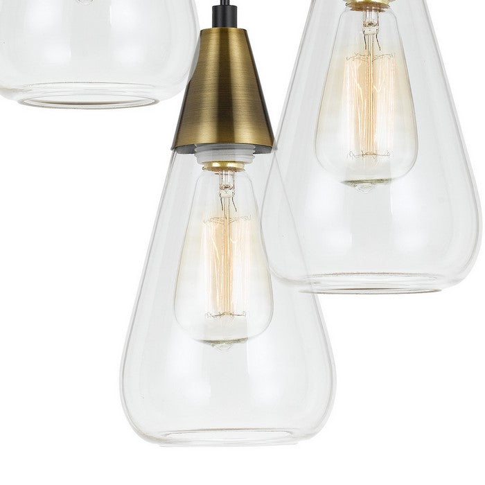 3 Conical Shaped Glass Pendant Lighting with Canopy and Brass Accent, Clear