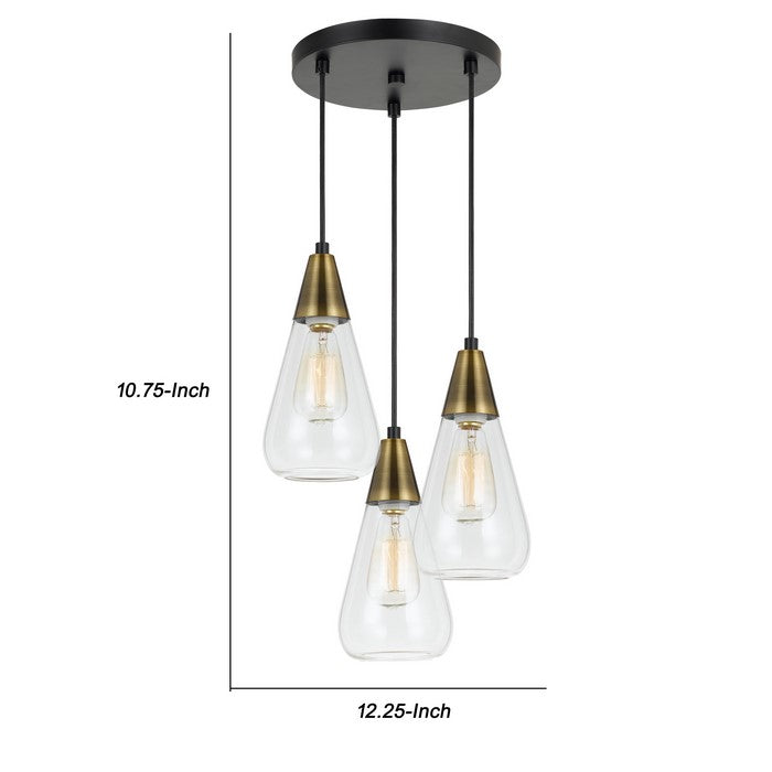 3 Conical Shaped Glass Pendant Lighting with Canopy and Brass Accent, Clear