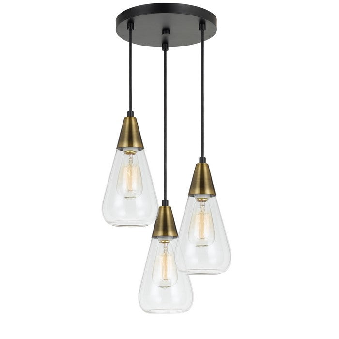 3 Conical Shaped Glass Pendant Lighting with Canopy and Brass Accent, Clear