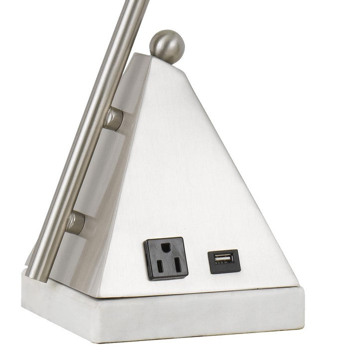 Marble Base 60W Metal Desk Lamp with 1 Electrical and 1 USB Outlet, Silver