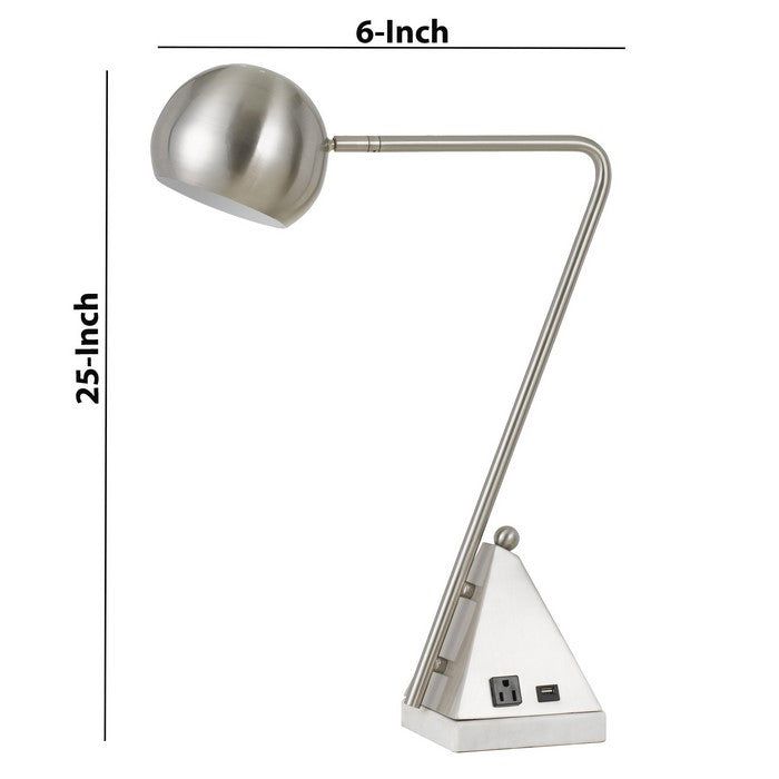 Marble Base 60W Metal Desk Lamp with 1 Electrical and 1 USB Outlet, Silver
