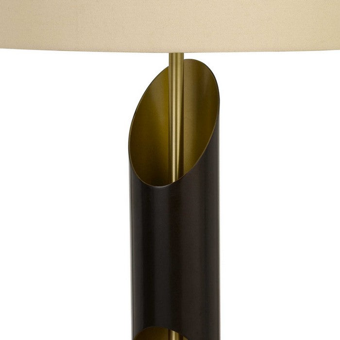 Metal Body Table Lamp with Wooden base and Fabric Drum Shade, Beige