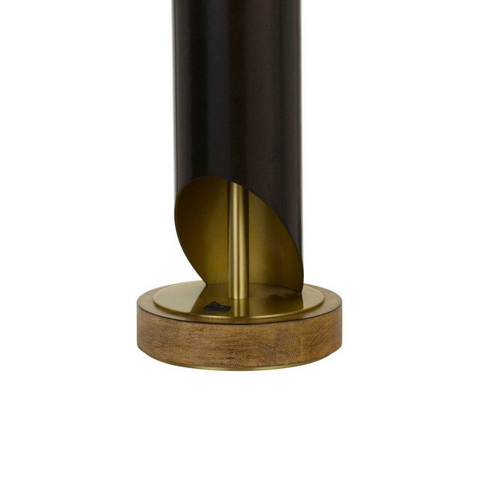Metal Body Table Lamp with Wooden base and Fabric Drum Shade, Beige
