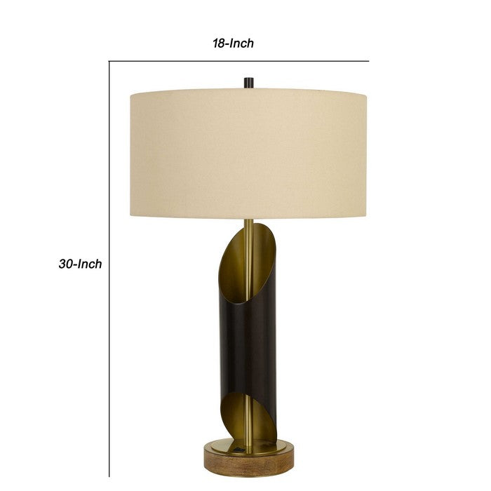 Metal Body Table Lamp with Wooden base and Fabric Drum Shade, Beige