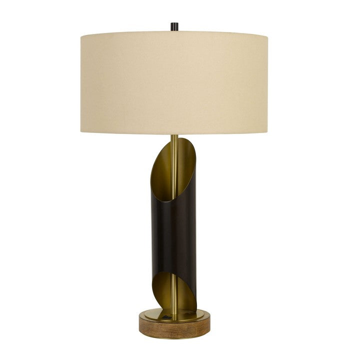 Metal Body Table Lamp with Wooden base and Fabric Drum Shade, Beige