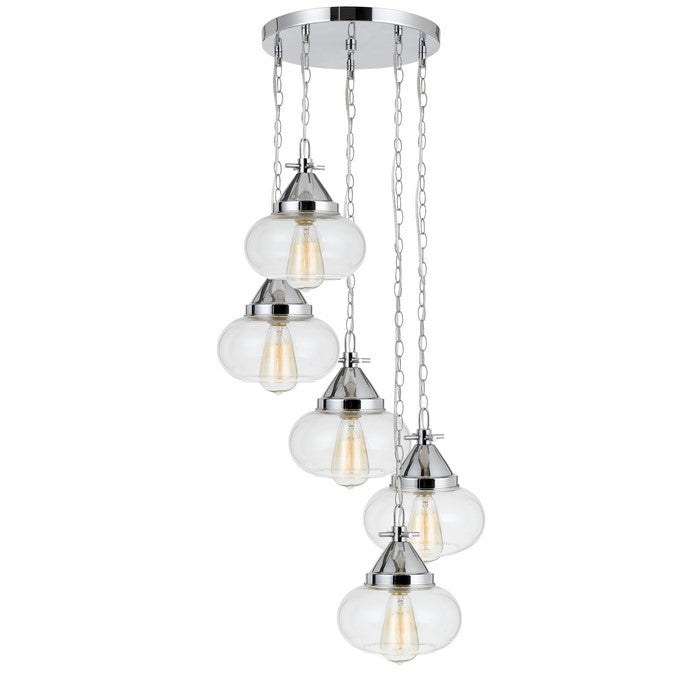 5 Bulb Wind Chime Design Chandelier with Metal Fame and Glass Shade, Silver